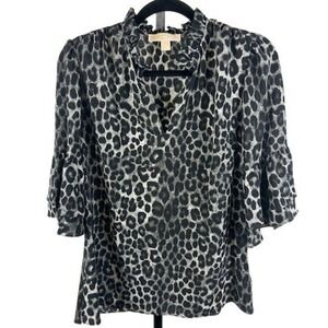 Michael Kors Blouse Womens Size Medium Leopard Print Ruffle Neck Bell Sleeve Top